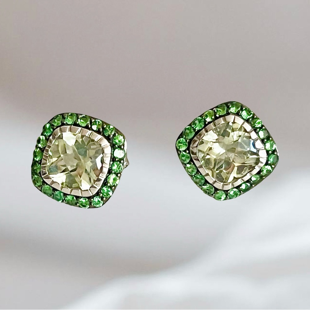 Sterling Silver Prasiolite Omega Earrings w/ Chrome Diopside Halo 5/8”.